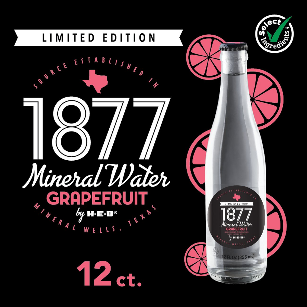 H-E-B 1877 Grapefruit Mineral Water 12 pk Bottles, 12 oz