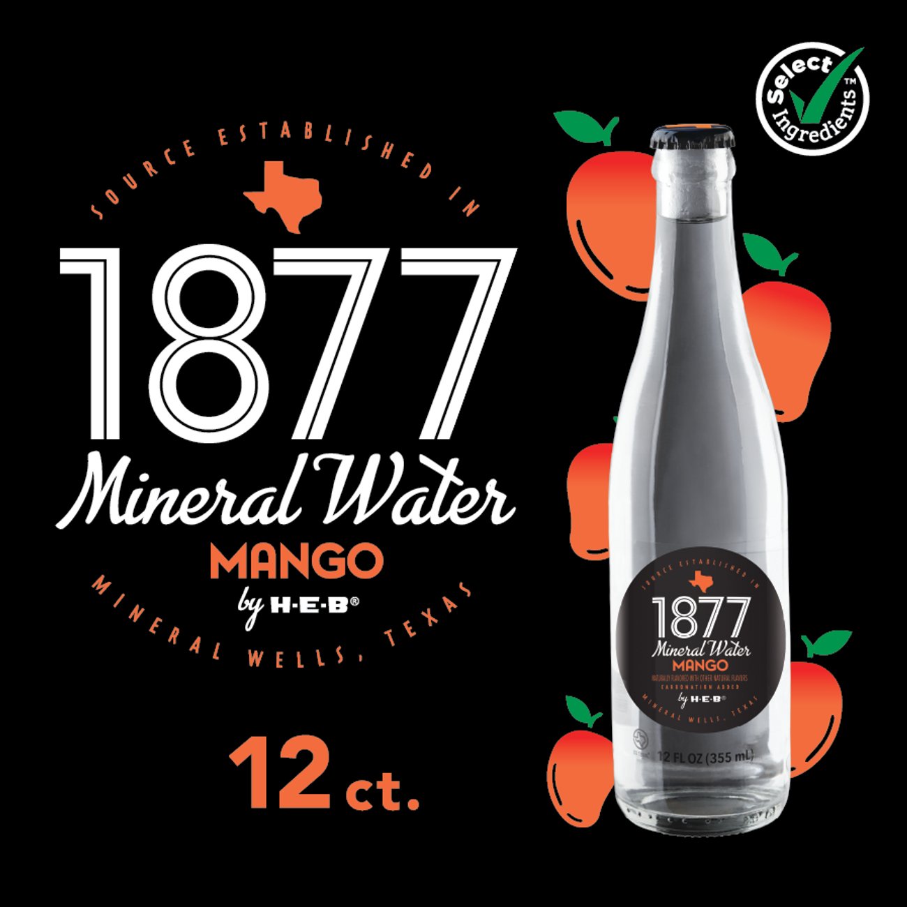 H-E-B 1877 Mango Mineral Water 12 pk Bottles, 12 oz