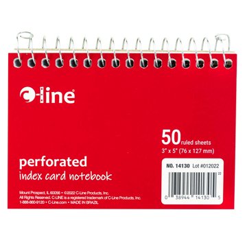 C-Line Perforated Index Card Spiral Notebook - Red, 3" x 5"