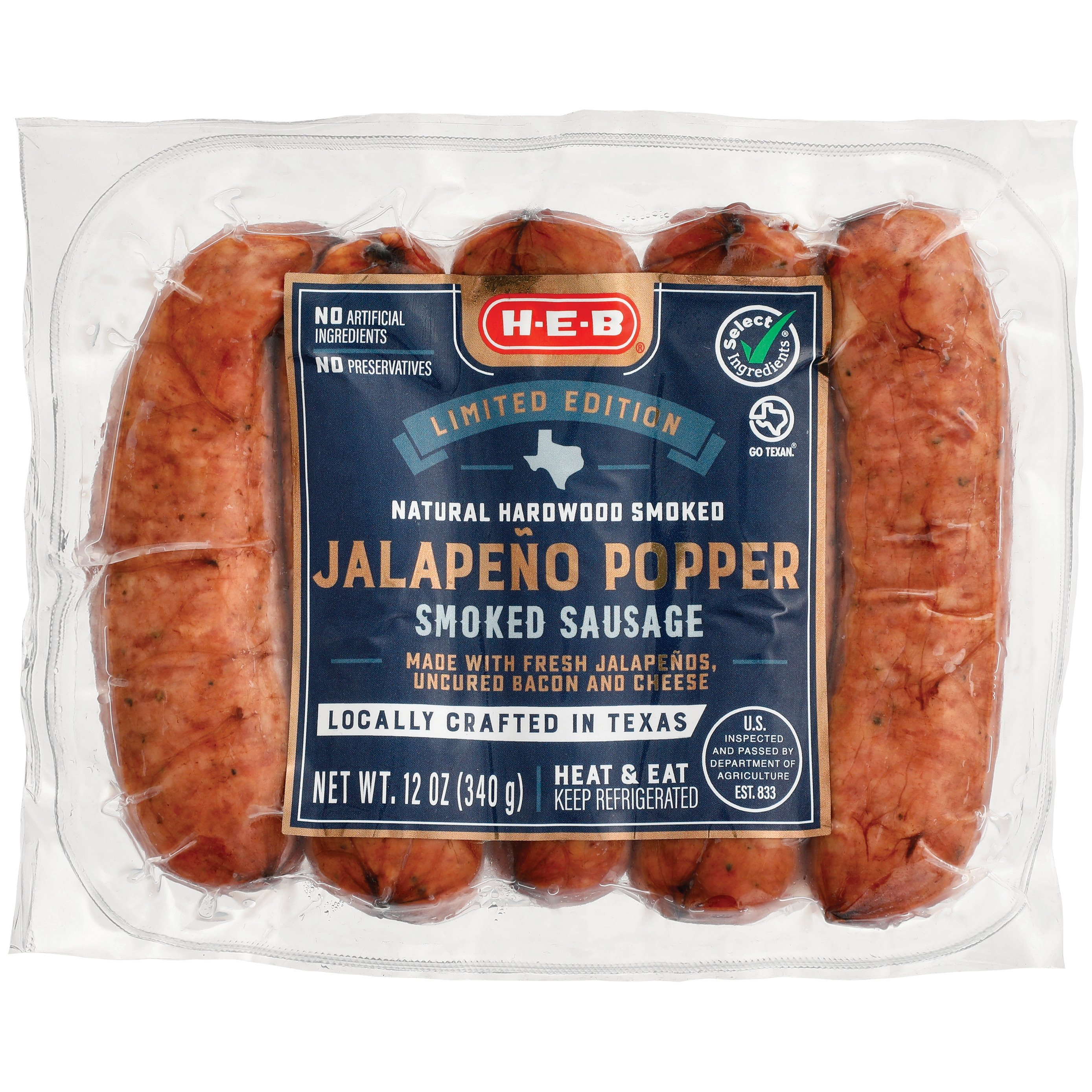 H-E-B Jalapeño Popper Smoked Pork Sausages, 5 ct