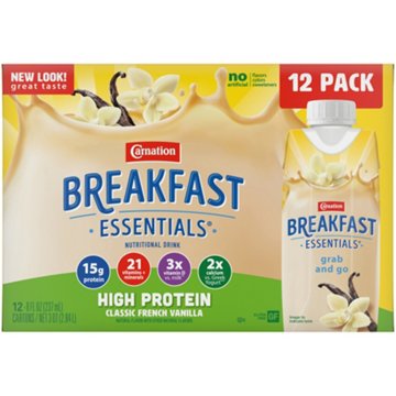 Carnation Breakfast Essentials High Protein Classic French Vanilla Nutritional Drink 8 oz Bottles, 12 pk