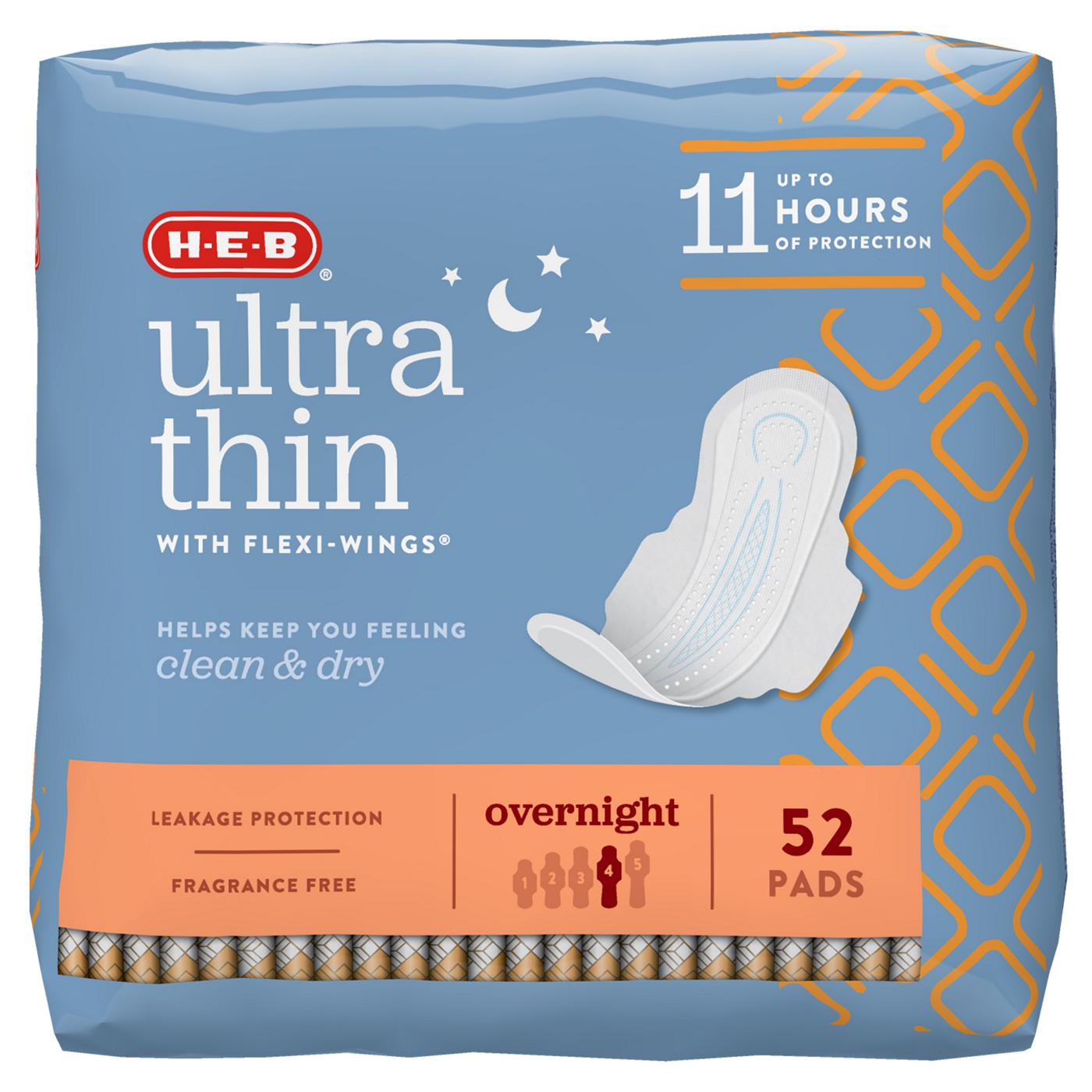 H-E-B Ultra Thin with Flexi-Wings Overnight Pads; image 1 of 6