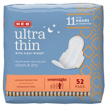 H-E-B Ultra Thin with Flexi-Wings Overnight Pads, 52 ct