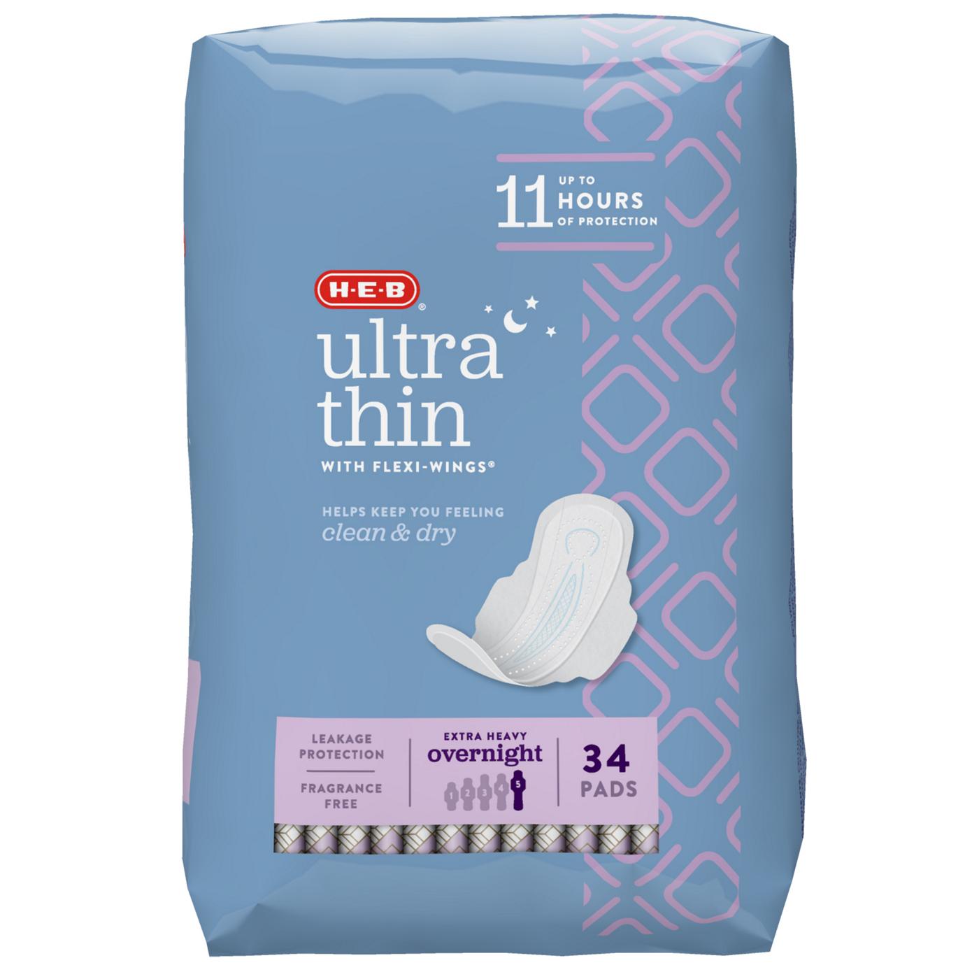 H-E-B Ultra Thin with Flexi-Wings Overnight Pads - Extra Heavy; image 1 of 7