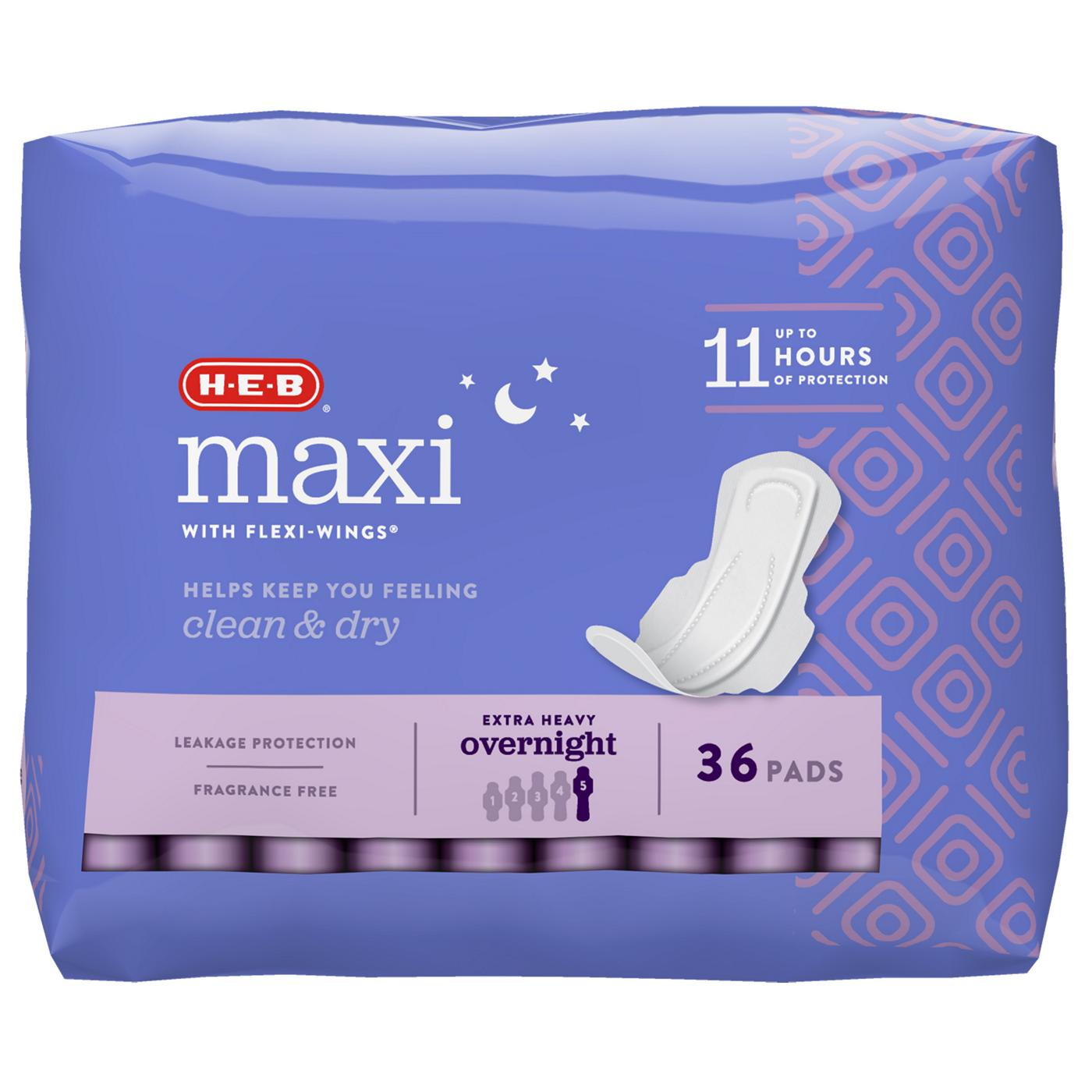 H-E-B Maxi with Flexi-Wings Overnight Pads - Extra Heavy; image 1 of 7