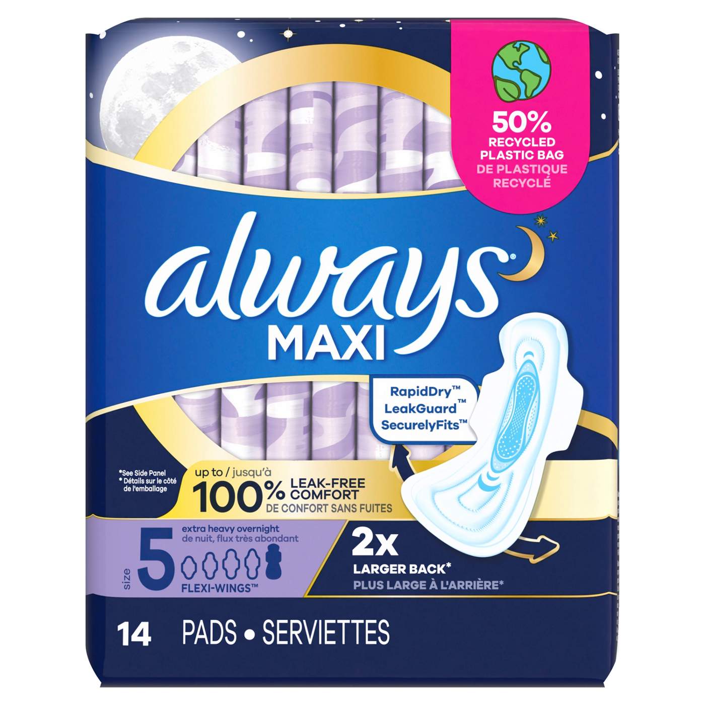 Always Maxi Overnight Pads with Wings for Women, Size 5, Extra Heavy Overnight Absorbency, Unscented, 14 Count; image 3 of 7