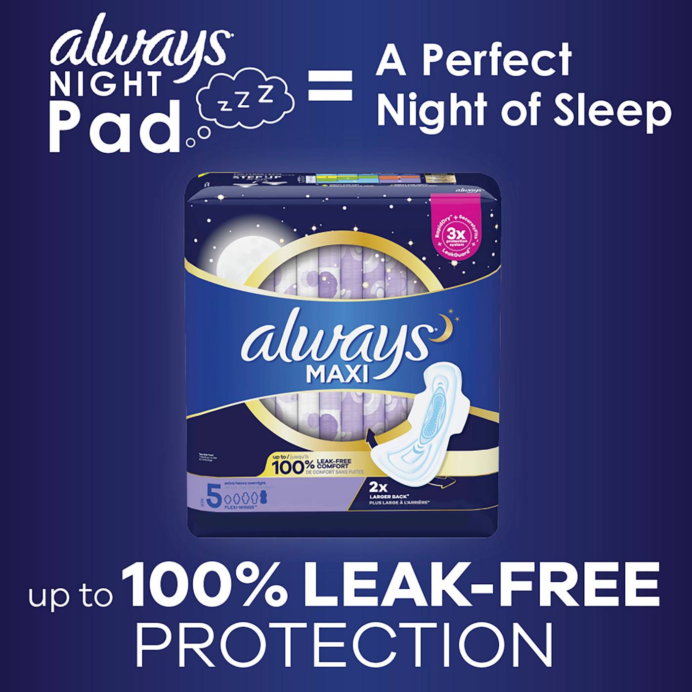 Always Maxi Overnight Pads with Wings for Women, Size 5, Extra Heavy Overnight Absorbency, Unscented, 14 Count; image 8 of 9