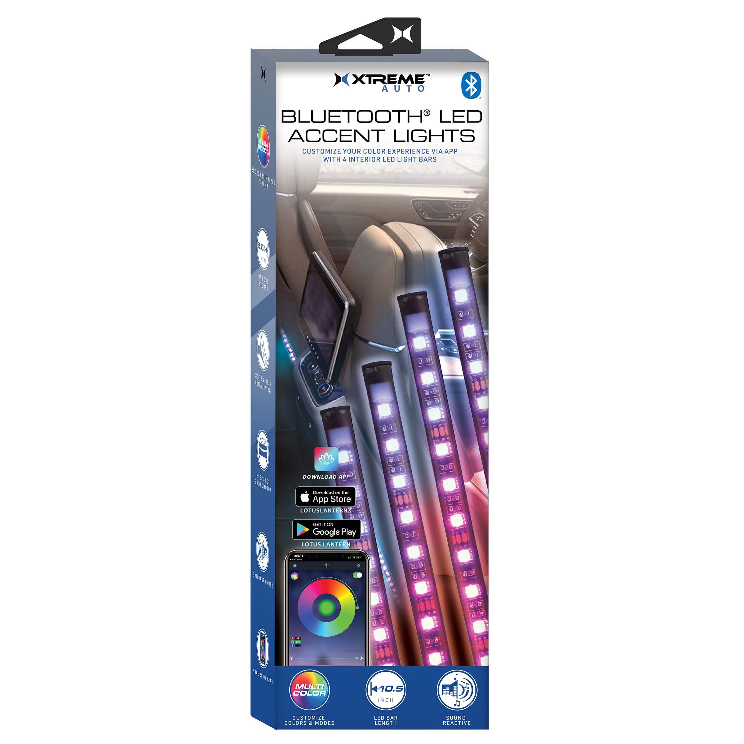 XTREME Bluetooth LED Car Accent Light Strip (4-Pack) XLB7-1030-BLK