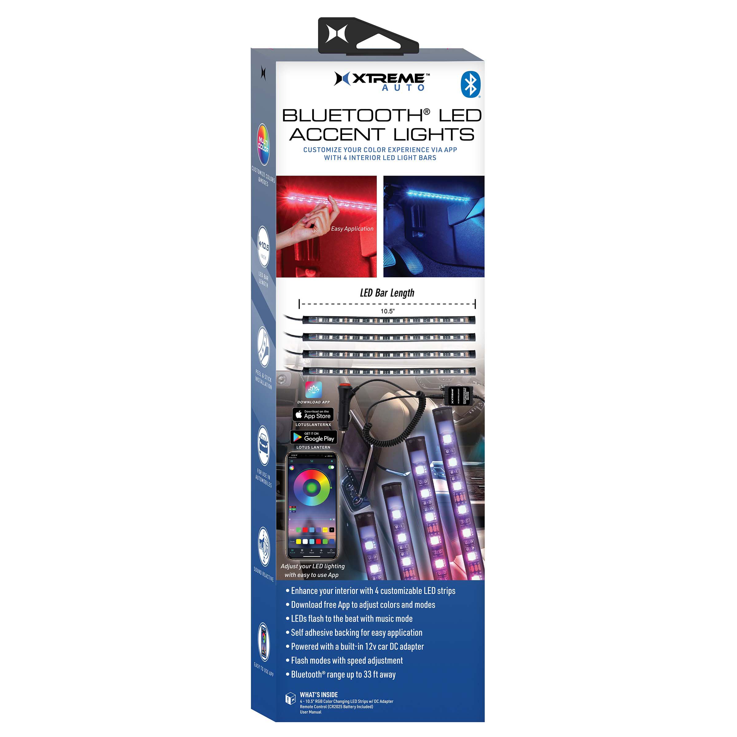 Xtreme Bluetooth LED Car Accent Light, 4 Light Strips, Sound Reactive,  Mobile App Control 