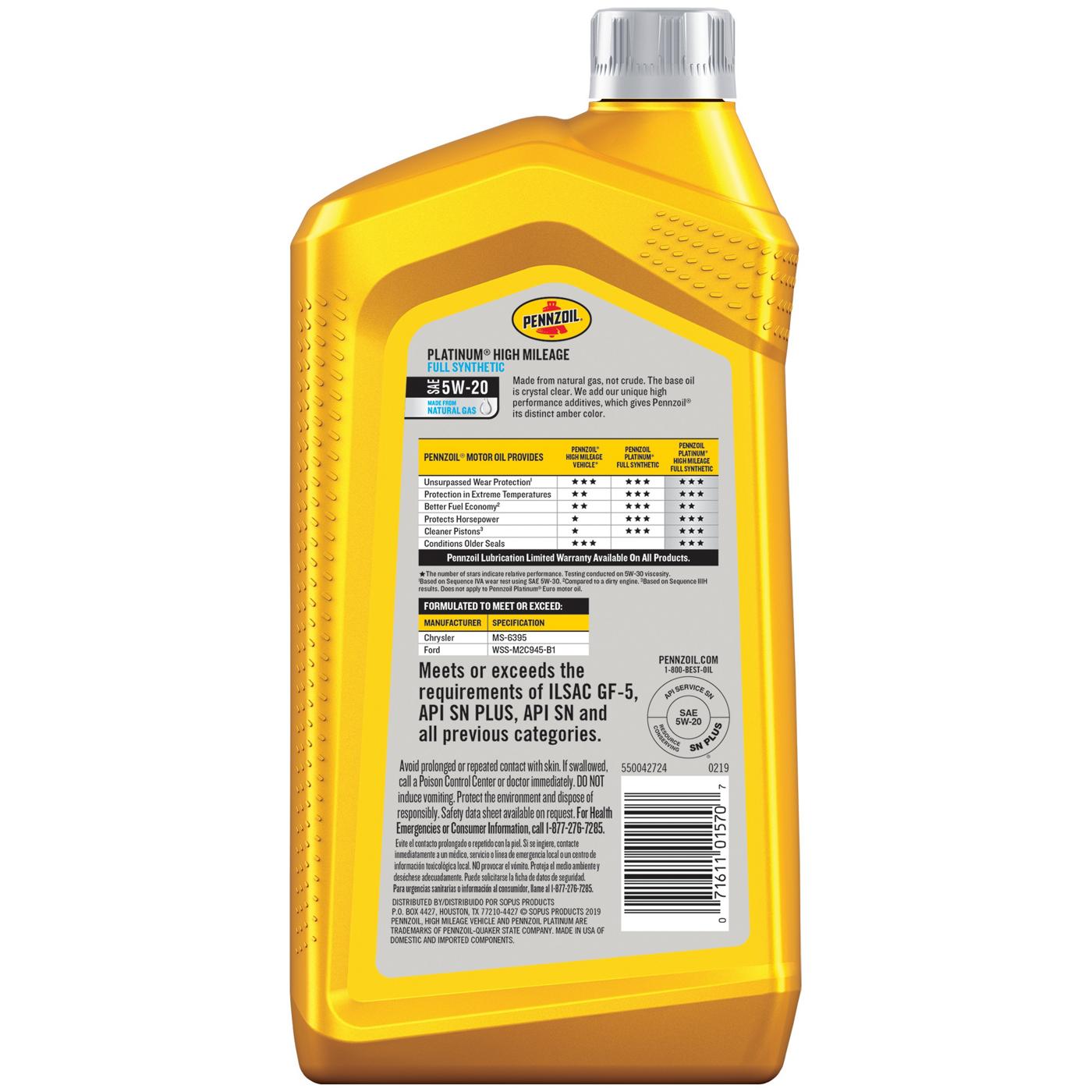 Pennzoil 5W-20 Platinum High Mileage Full Synthetic Motor Oil; image 2 of 2