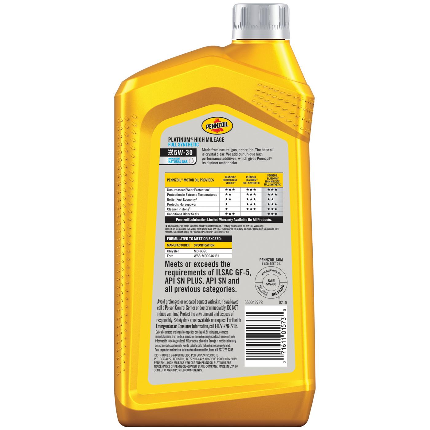 Pennzoil 5W-30 Platinum High Mileage Full Synthetic Motor Oil; image 2 of 2