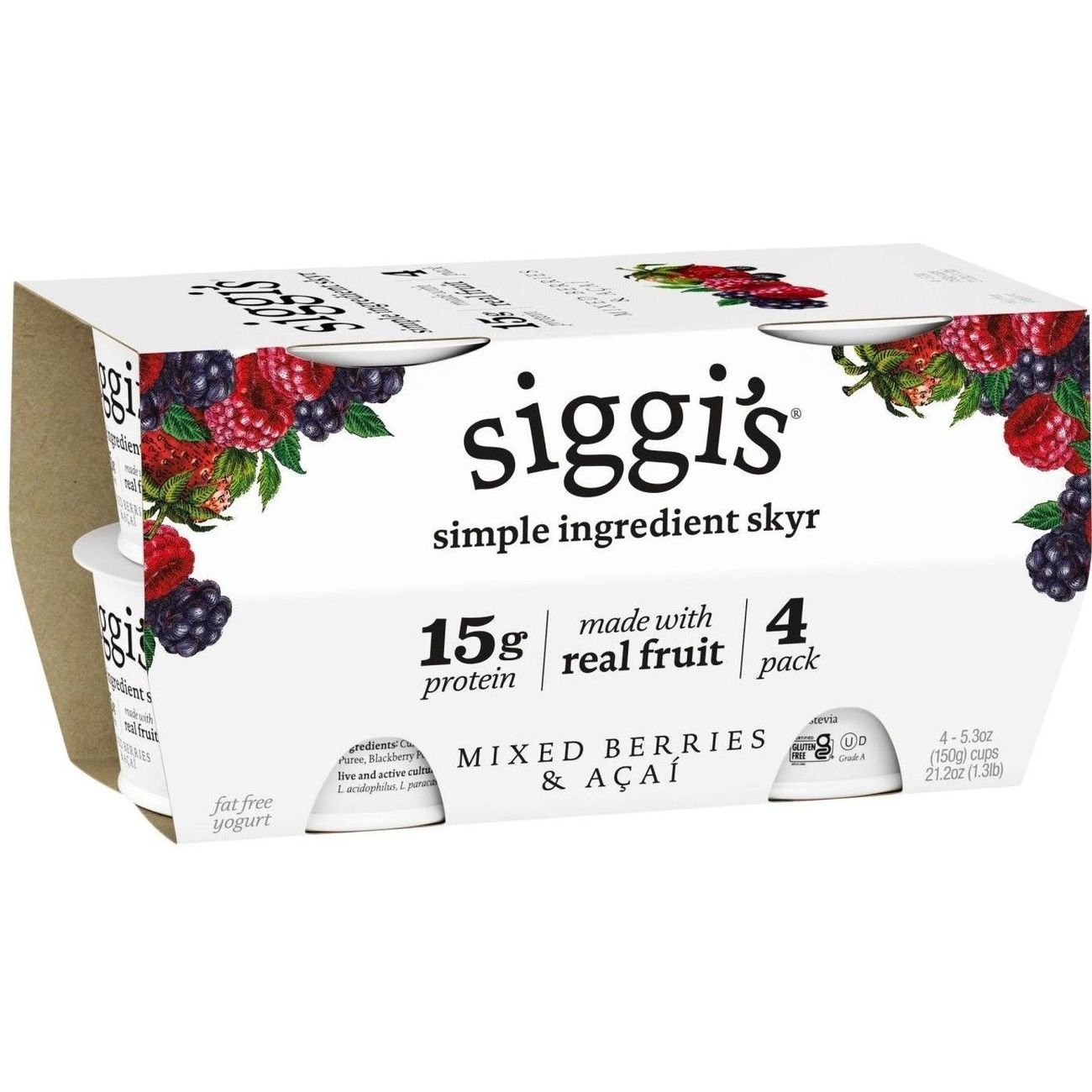 Siggi's 0% Non-Fat Strained Skyr Yogurt - Mixed Berries & Acai, 4 ct