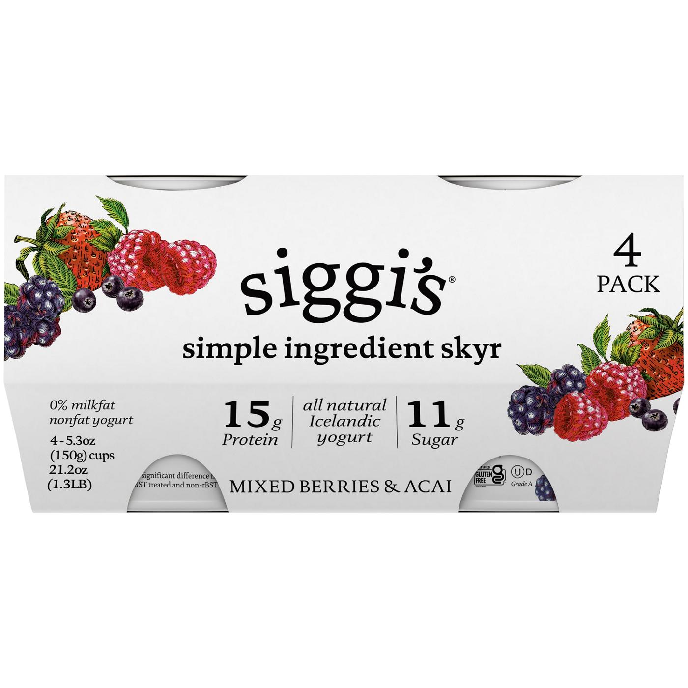 Siggi's 0% Non-Fat Strained Skyr Mixed Berries & Acai Yogurt; image 1 of 2