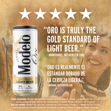 Modelo Oro Mexican Lager Import Lower Calorie* Light Beer, 12 oz, 12 pk