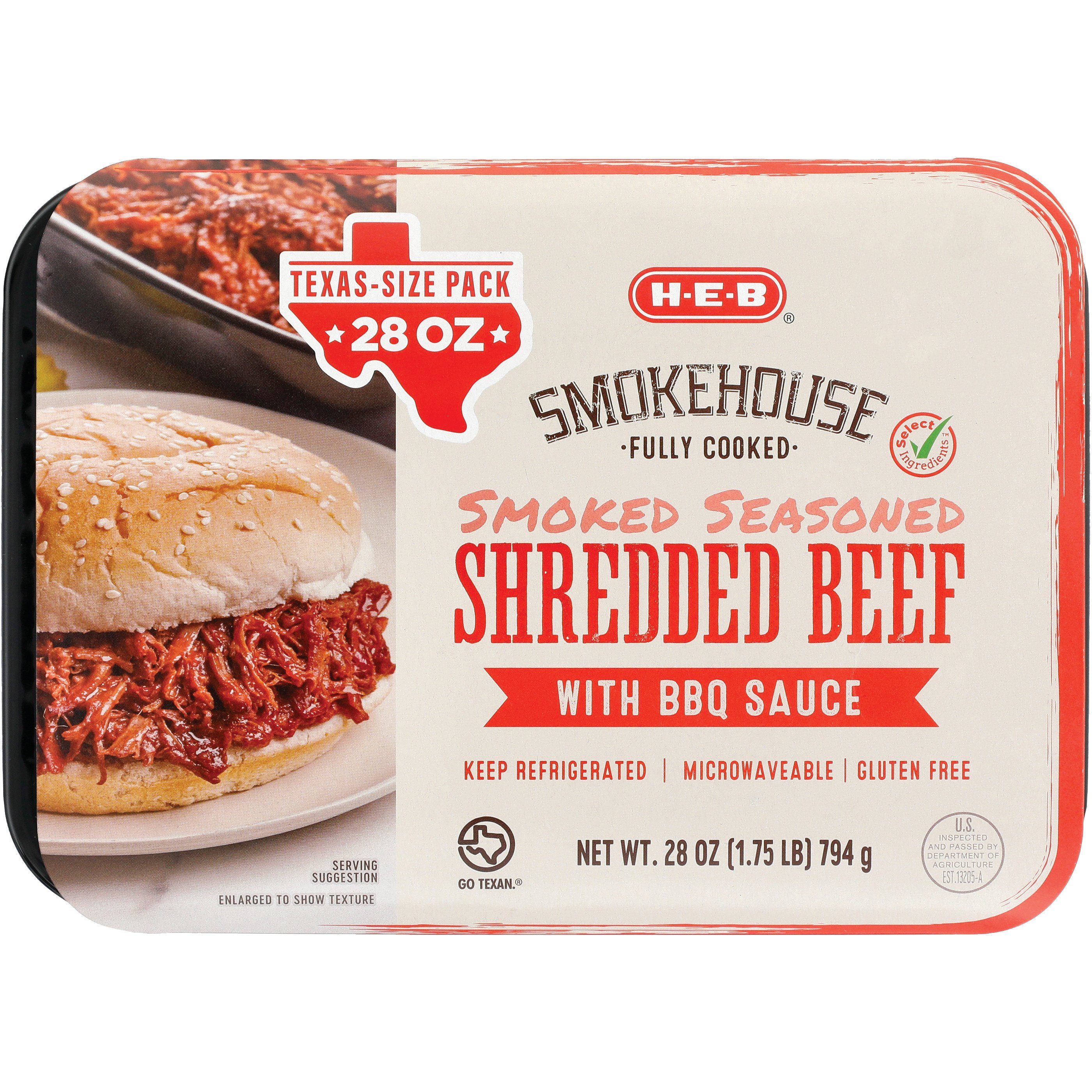 HEB Fully Cooked Shredded Beef with BBQ Sauce, Smoke Seasoned Texas