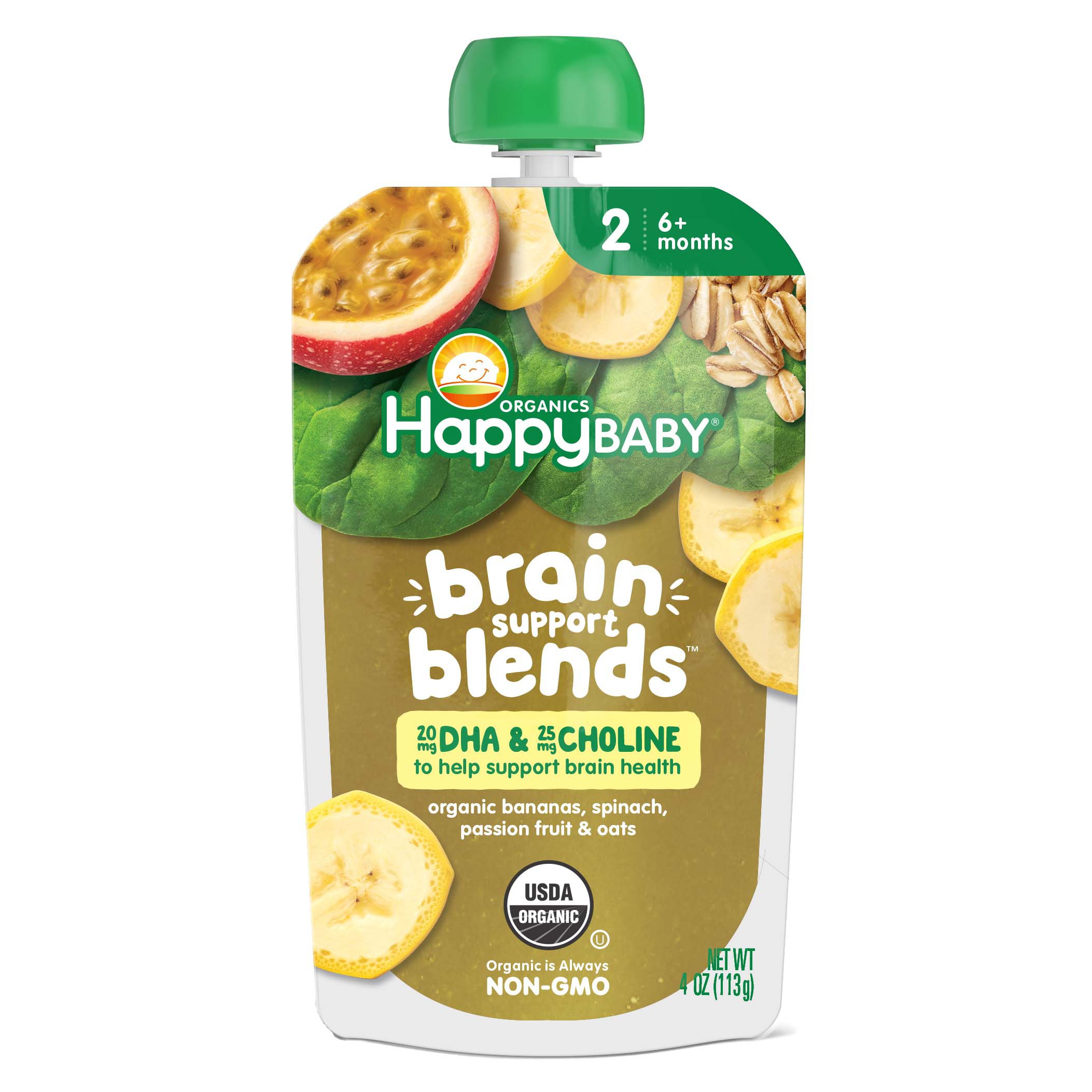 Happy Baby Organics Brain Support Blends Pouch - Bananas Spinach Passion Fruit & Oats, 4 oz