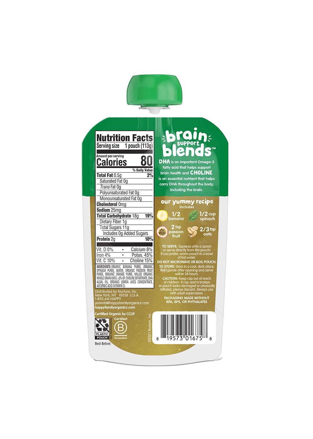 Happy Baby Organics Brain Support Blends Pouch - Bananas Spinach Passion Fruit & Oats; image 2 of 2