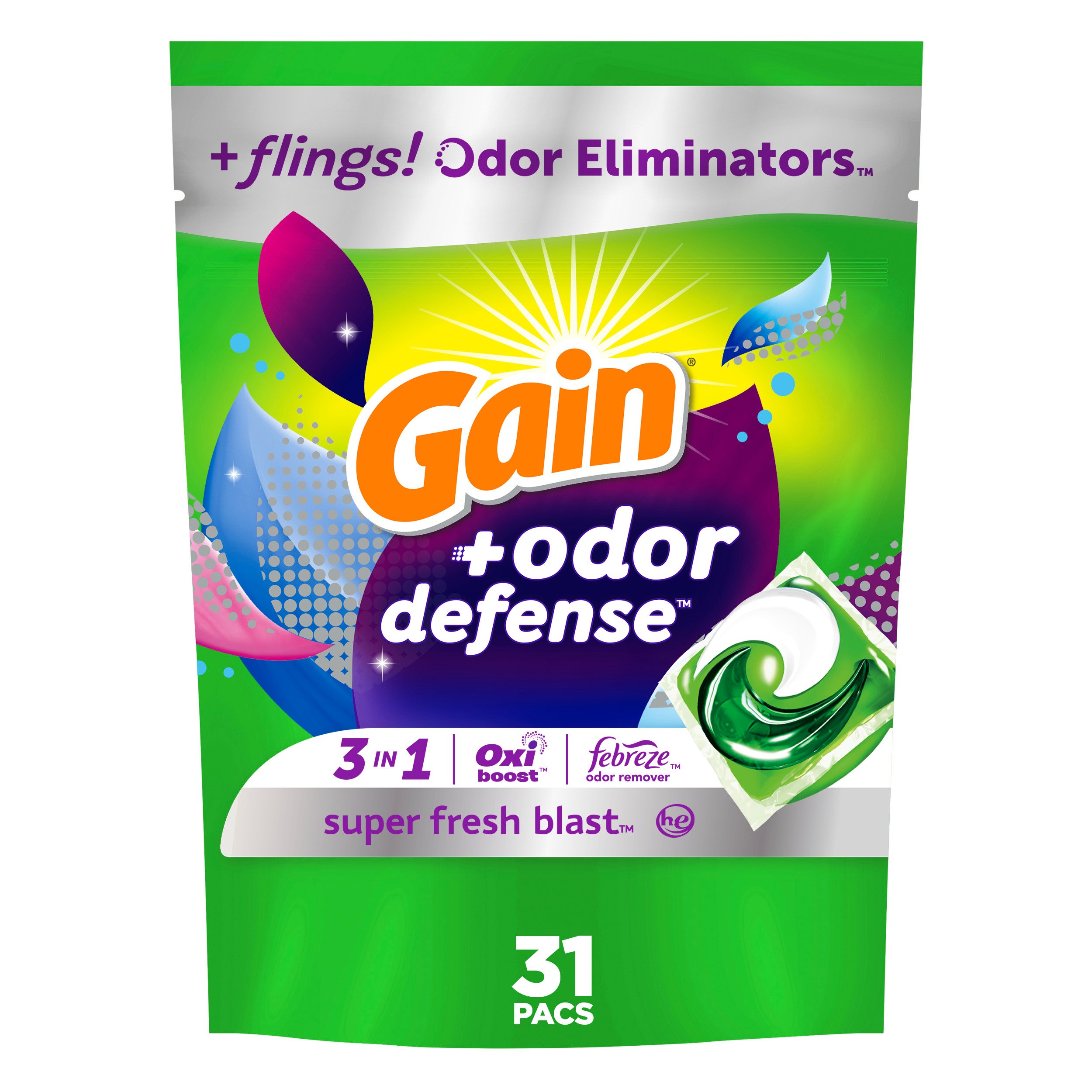 Gain Flings! Odor Defense Super Fresh Blast HE Laundry Detergent Pacs