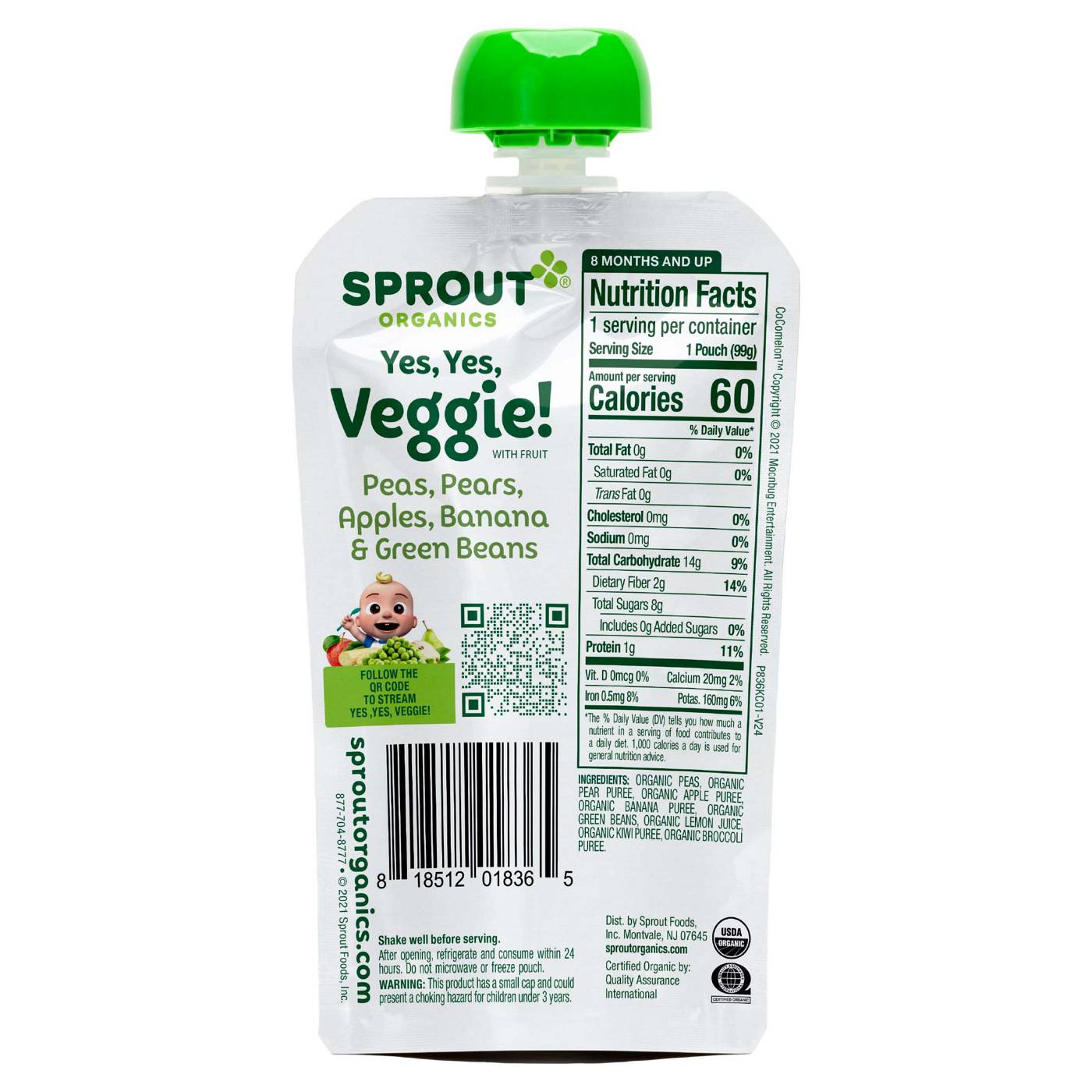 Sprout Organics CoComelon Pouch - Peas Pears Apples Banana & Green Beans; image 2 of 2