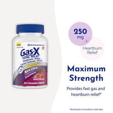 Gas-x Total Relief Chewable Tablets with Maximum Strength Gas Relief Simethicone 250 mg and Heartburn Relief Calcium Carbonate 750 mg, Mixed Berries