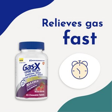 Gas-x Total Relief Chewable Tablets with Maximum Strength Gas Relief Simethicone 250 mg and Heartburn Relief Calcium Carbonate 750 mg, Mixed Berries