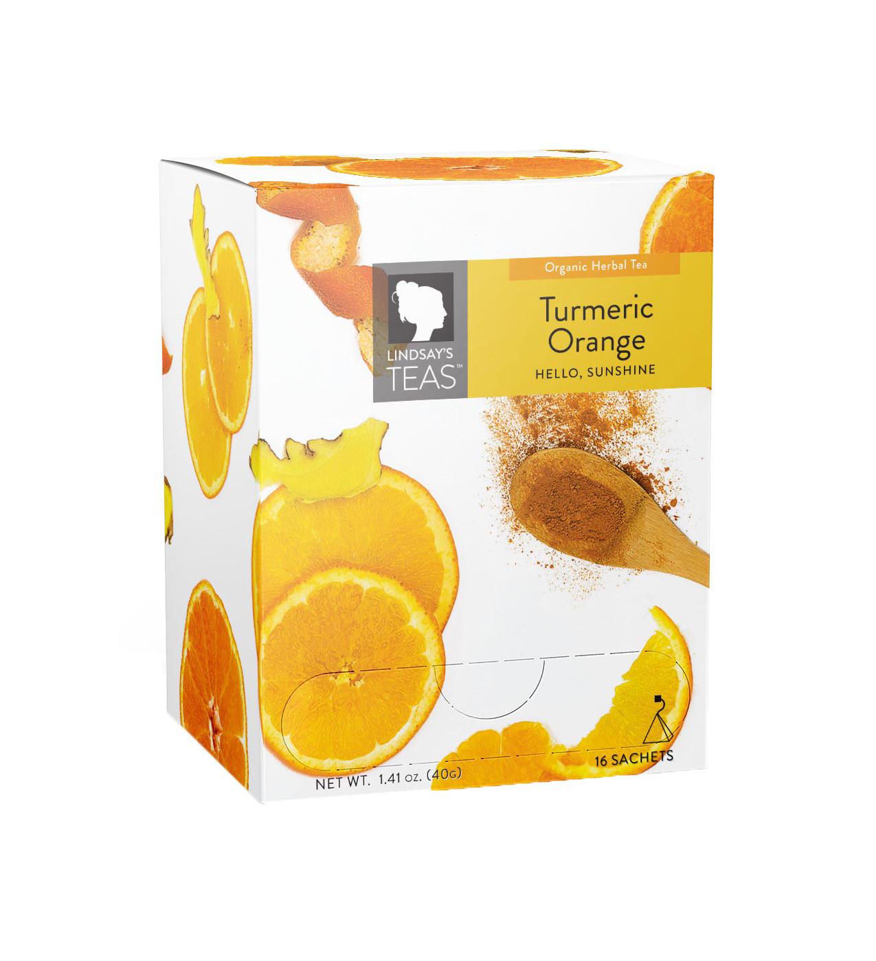 Lindsay's Teas Turmeric Orange Herbal Tea Pyramid Bags; image 1 of 2