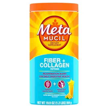 Metamucil 3-in-1 Psyllium Husk Fiber Supplement + Collagen, Plant-Based, Sugar-Free with Stevia, Daily Fiber Powder for Digestive Health, Orange Flavor