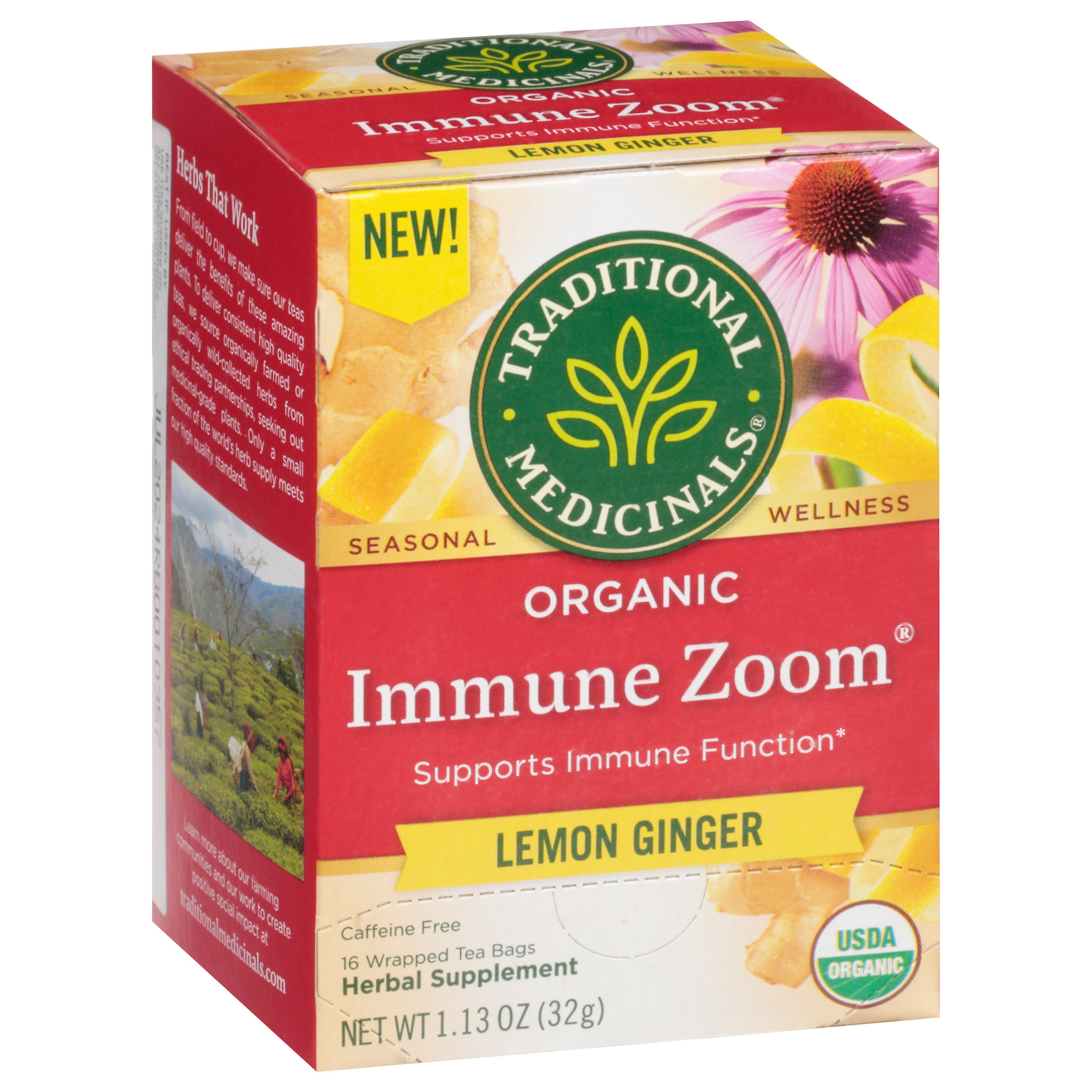 Traditional Medicinals Organic Immune Zoom Lemon Ginger Herbal Tea Bags, 16 ct