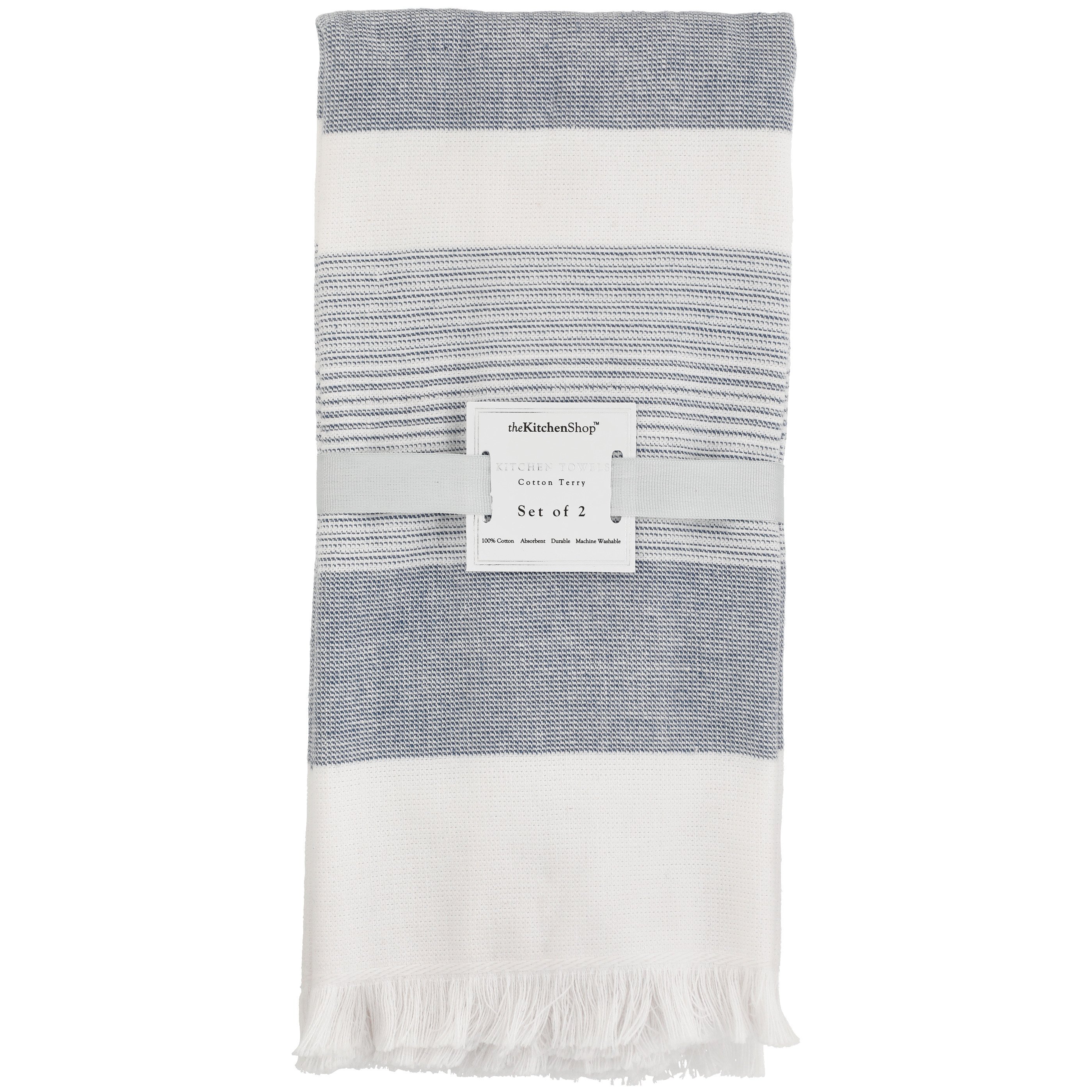 the Kitchen Shop Cotton Terry Fringe Kitchen Towels Blue Stripe