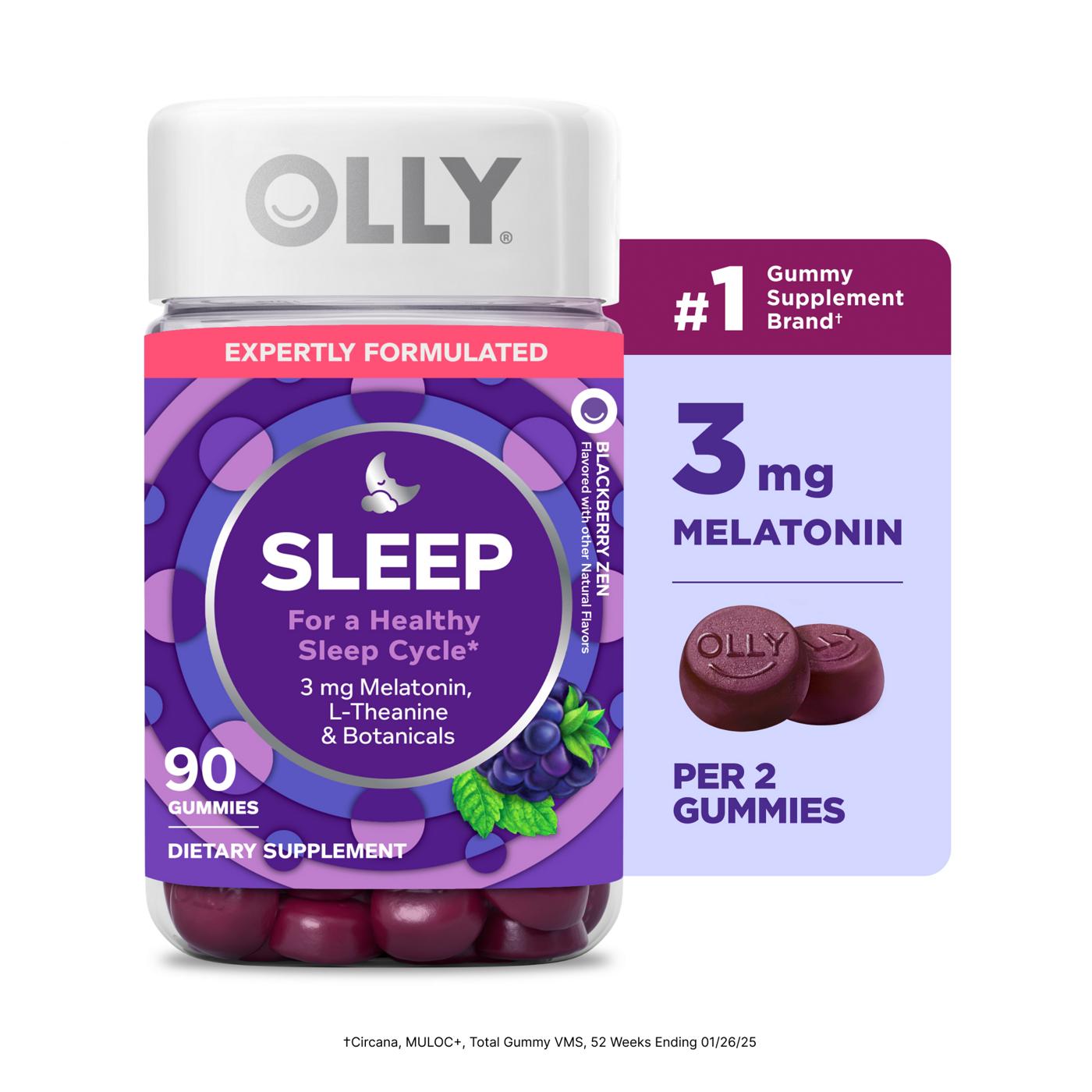 OLLY Sleep Gummy Supplement, 3mg Melatonin, L-Theanine, Chamomile, Blackberry Zen Flavor, 90 Ct; image 1 of 6