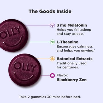 OLLY Sleep Gummy Supplement, 3mg Melatonin, L-Theanine, Chamomile, Blackberry Zen Flavor, 90 Ct