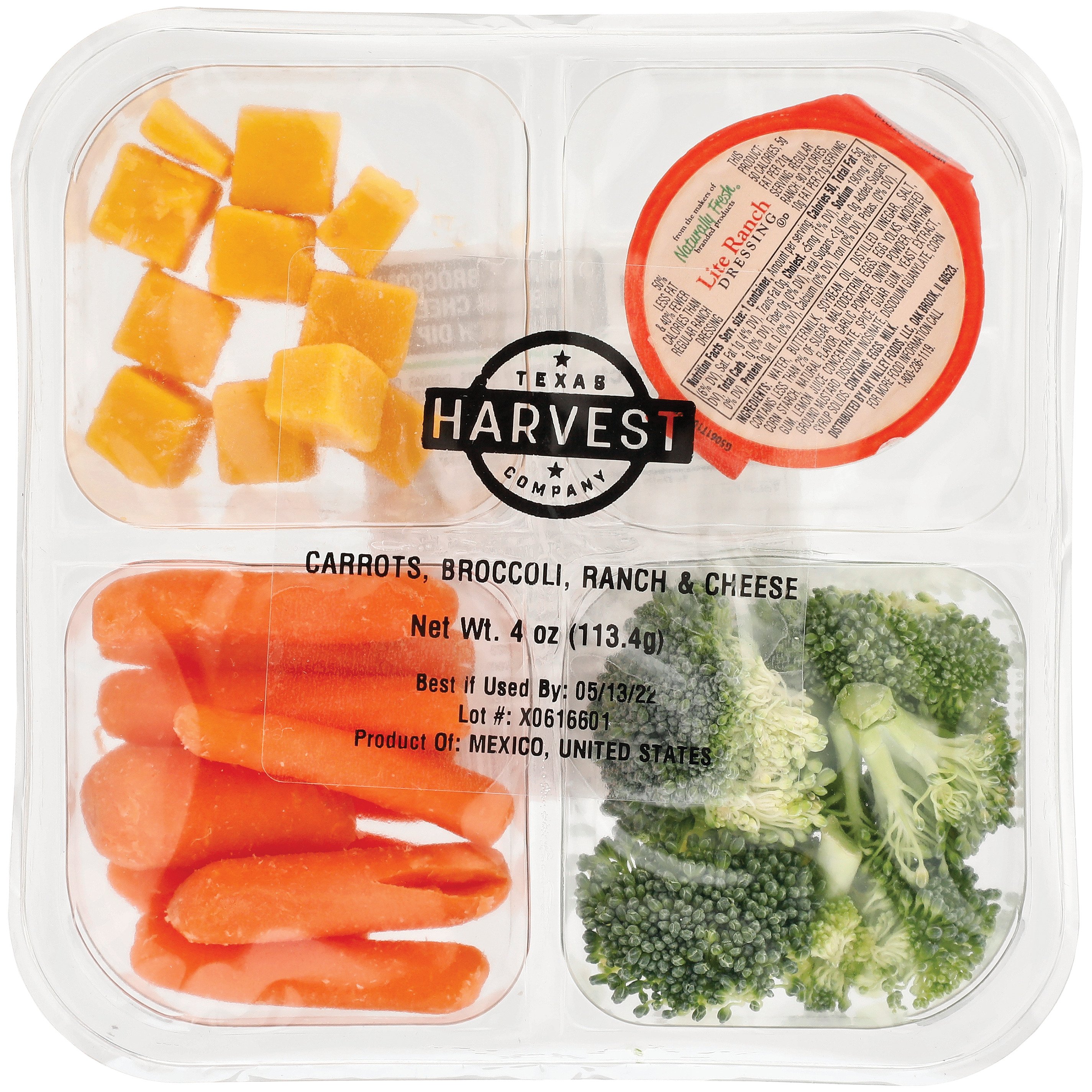 Texas Harvest Carrots, Broccoli, Cheddar Cheese & Ranch Dip Snack Tray