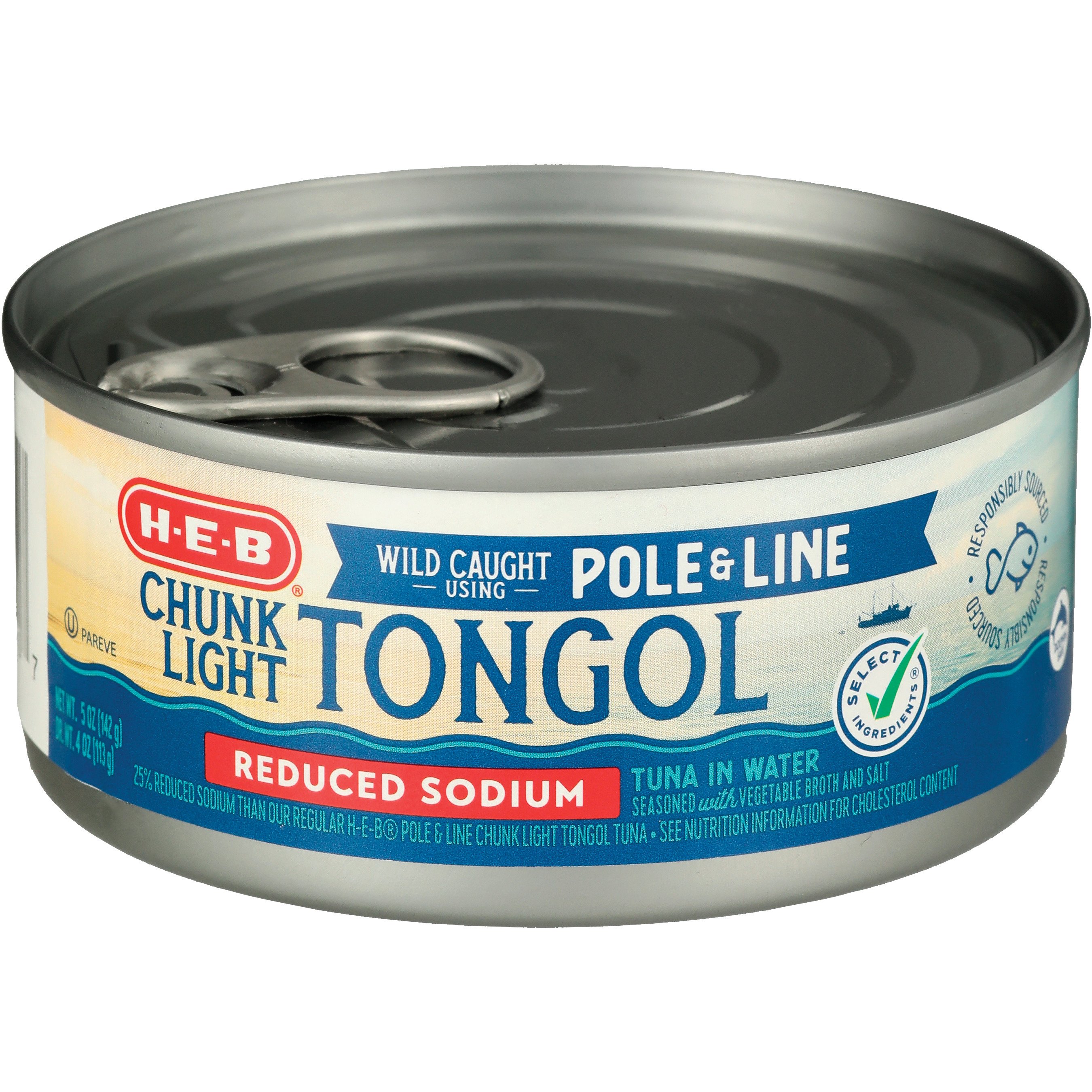 H-E-B Pole & Line Chunk Light Tongol Tuna in Water - Reduced Sodium ...