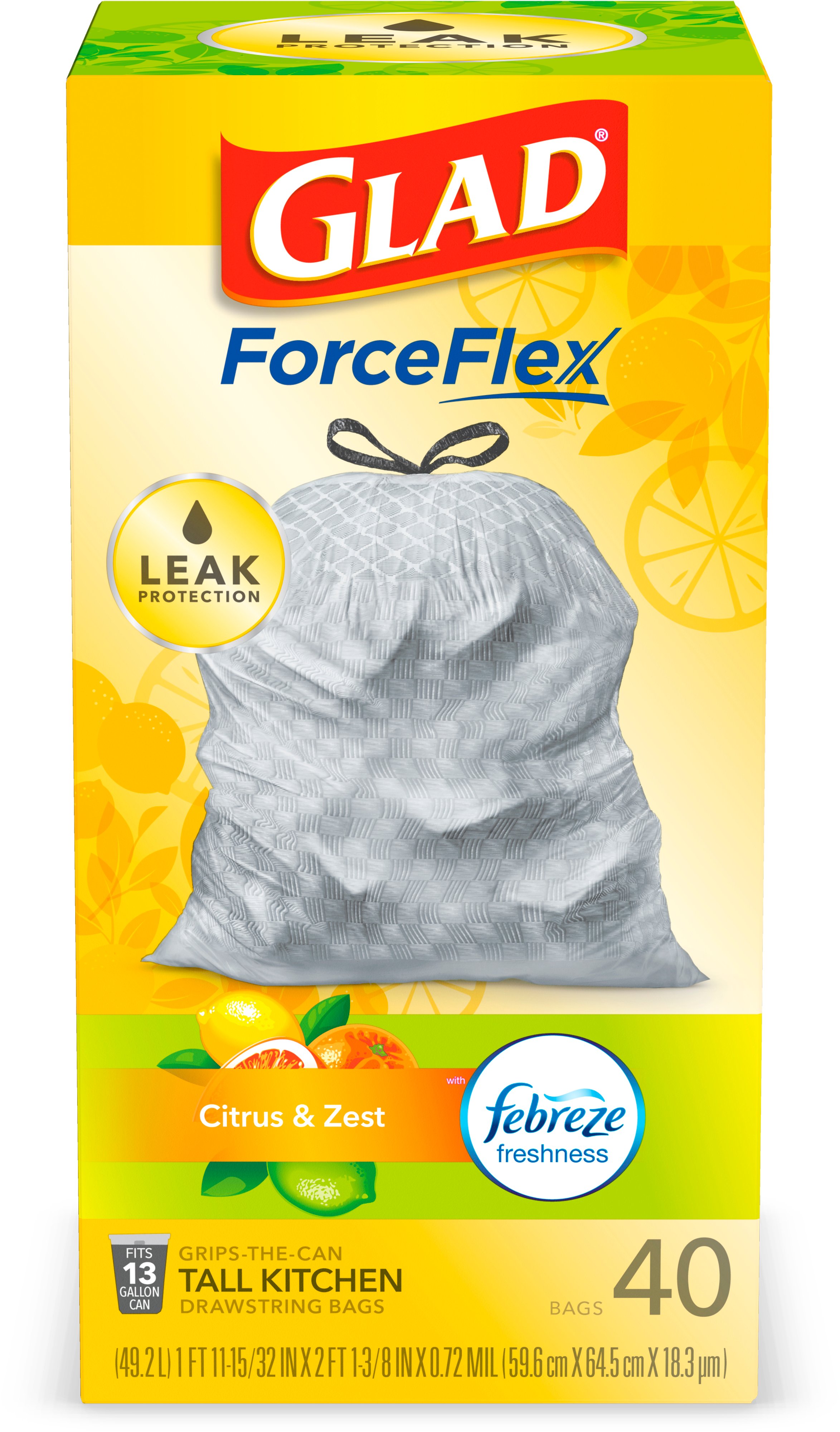 Glad ForceFlex Febreze Citrus & Zest Scent Drawstring Tall Kitchen 13  Gallon Trash Bags