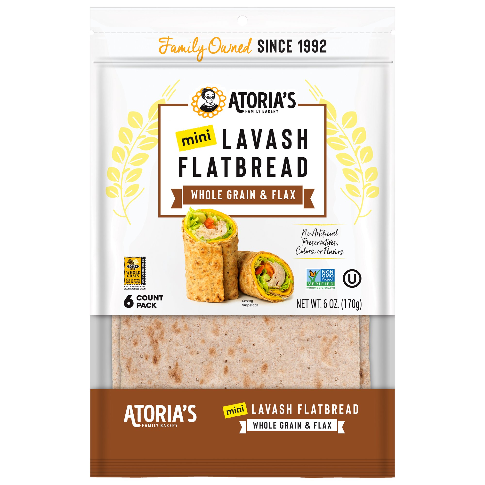 Atoria's Family Bakery Mini Whole Grain & Flax Seeds Lavash Flatbread, 6 ct