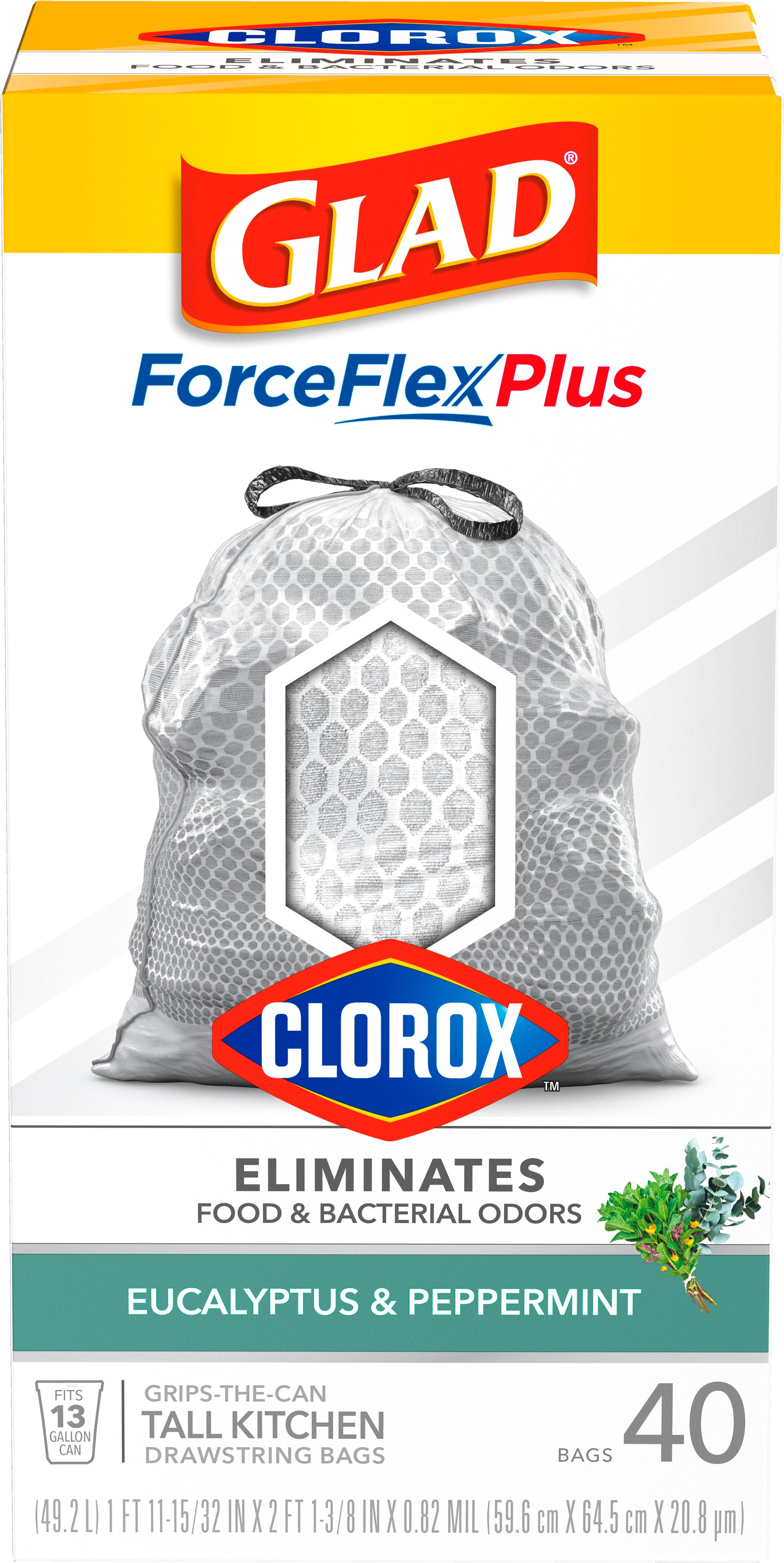 Glad ForceFlexPlus with Clorox Tall Kitchen Eucalyptus Peppermint Trash Bags,  34 ct - Foods Co.