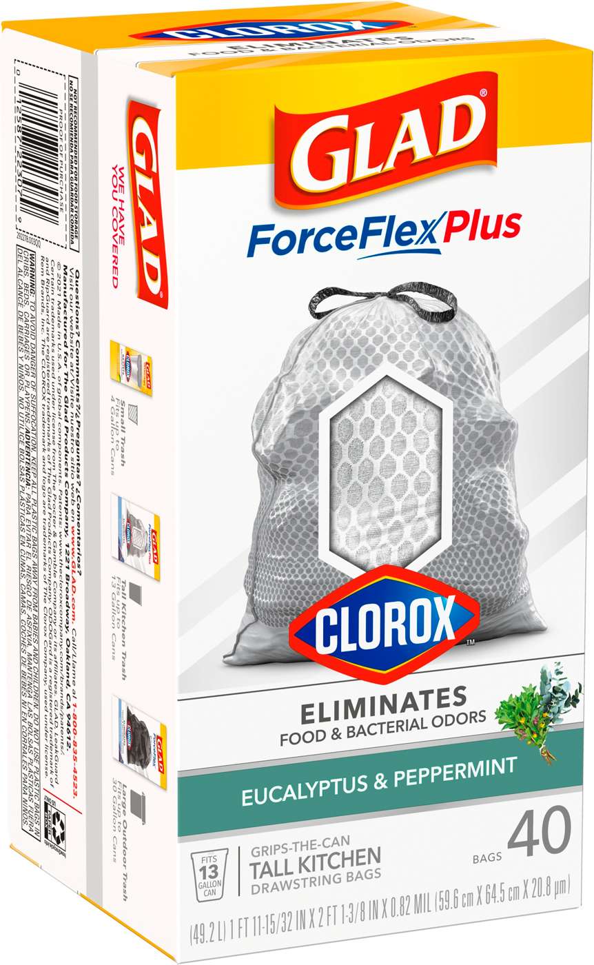 Glad ForceFlex Plus Clorox Eucalyptus & Mint Drawstring Tall Kitchen 13