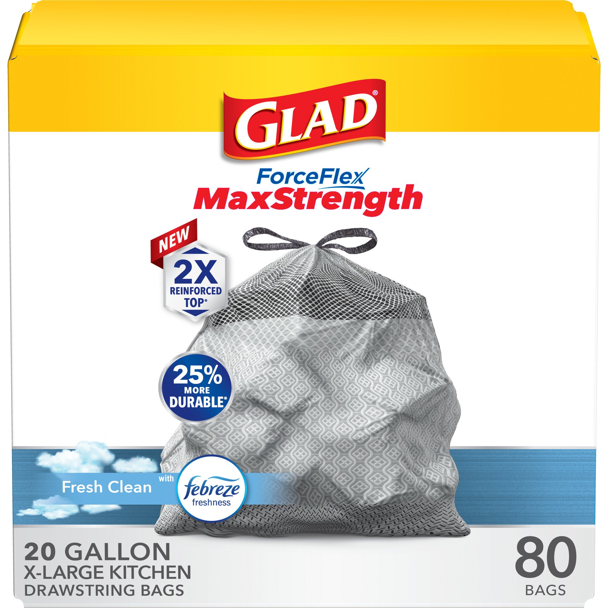 Glad ForceFlex MaxStrength XLarge Kitchen Drawstring Trash Bags, 20
