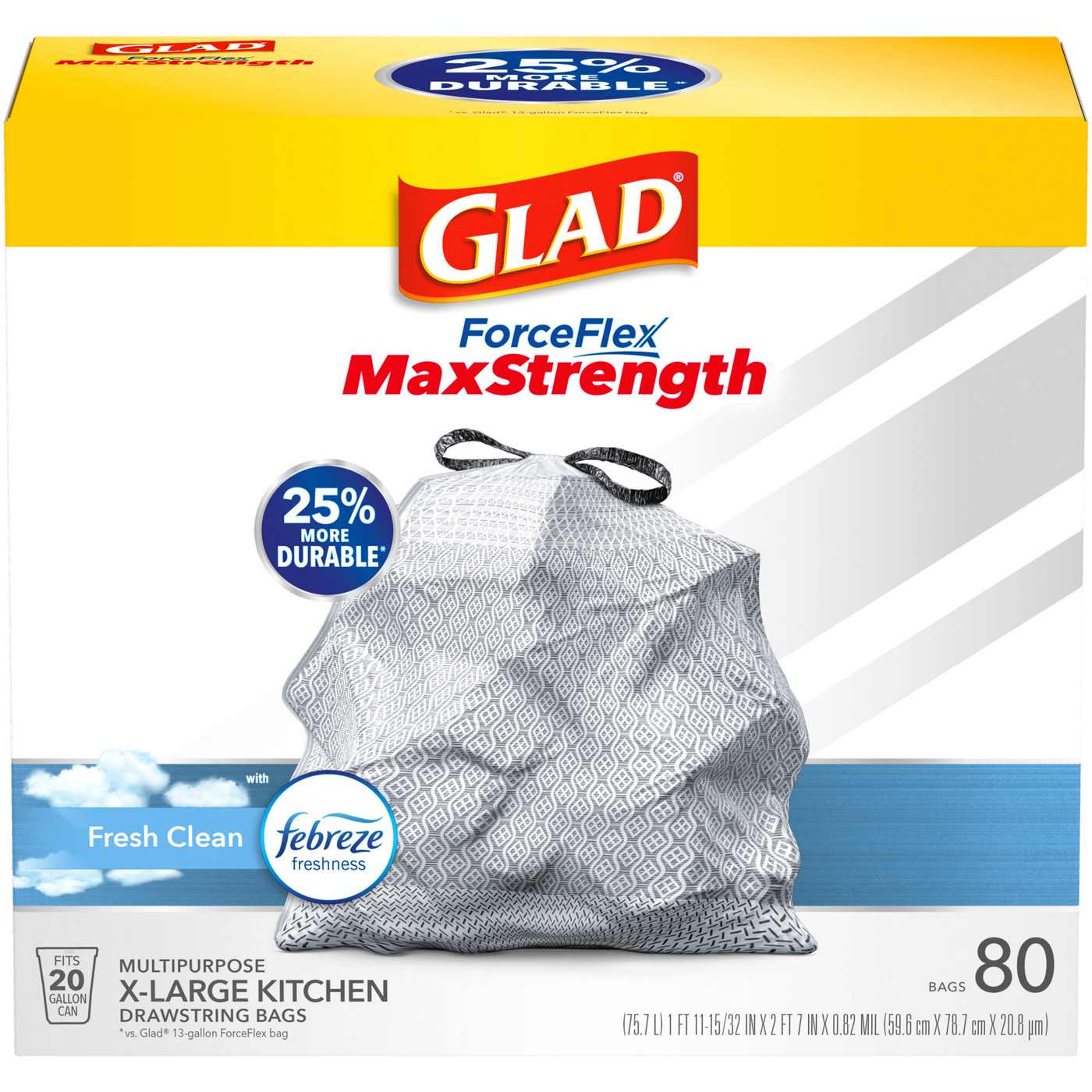 Glad ForceFlex MaxStrength X-Large Kitchen Drawstring Trash Bags, 20 Gallon - Fresh Clean Scent with Febreze Freshness; image 1 of 9