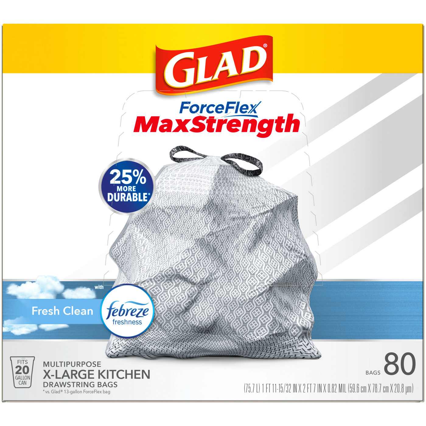 Glad ForceFlex MaxStrength X-Large Kitchen Drawstring Trash Bags, 20 Gallon - Fresh Clean Scent with Febreze Freshness; image 8 of 9