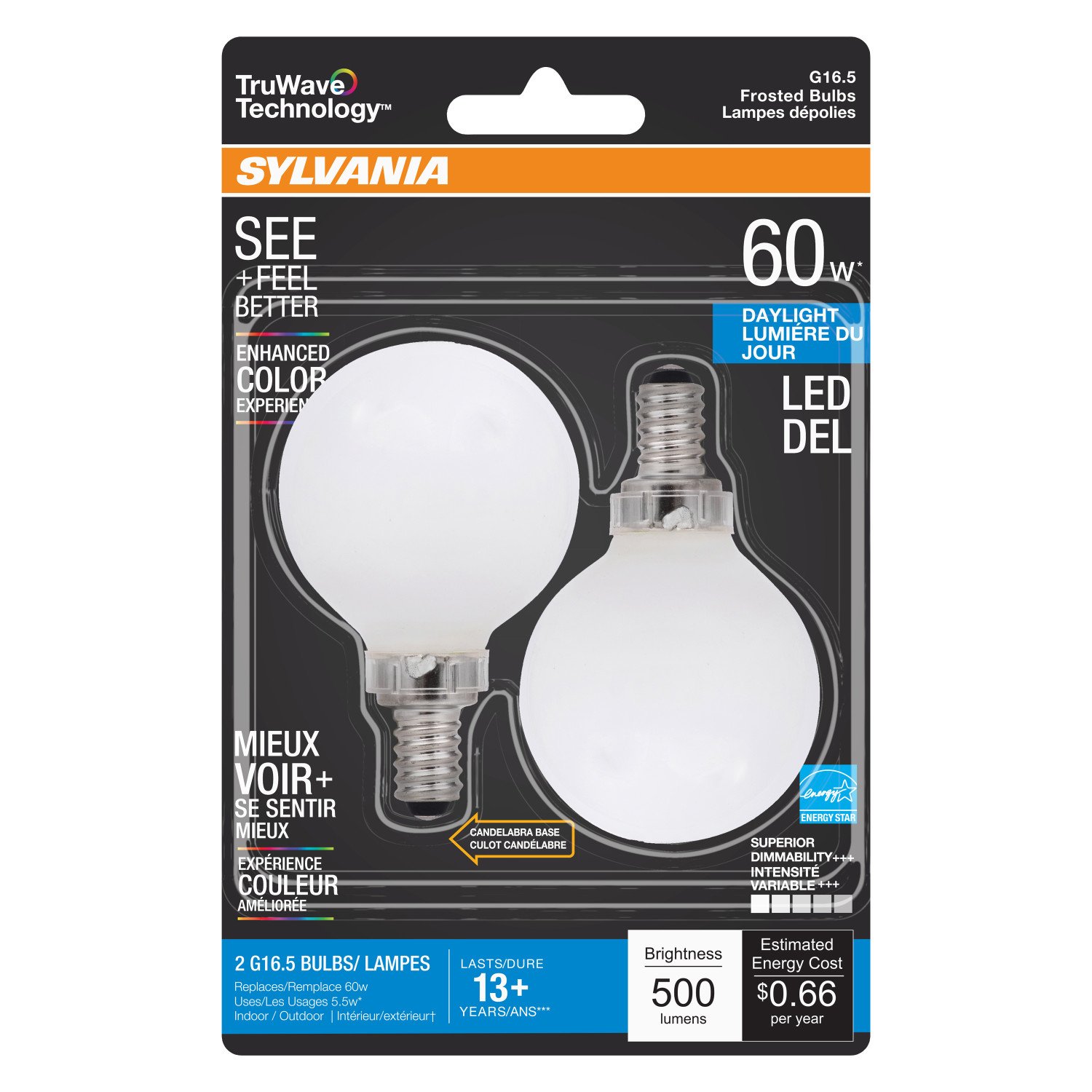 Sylvania TruWave G16.5 60-Watt Frosted LED Light Bulbs - Daylight ...