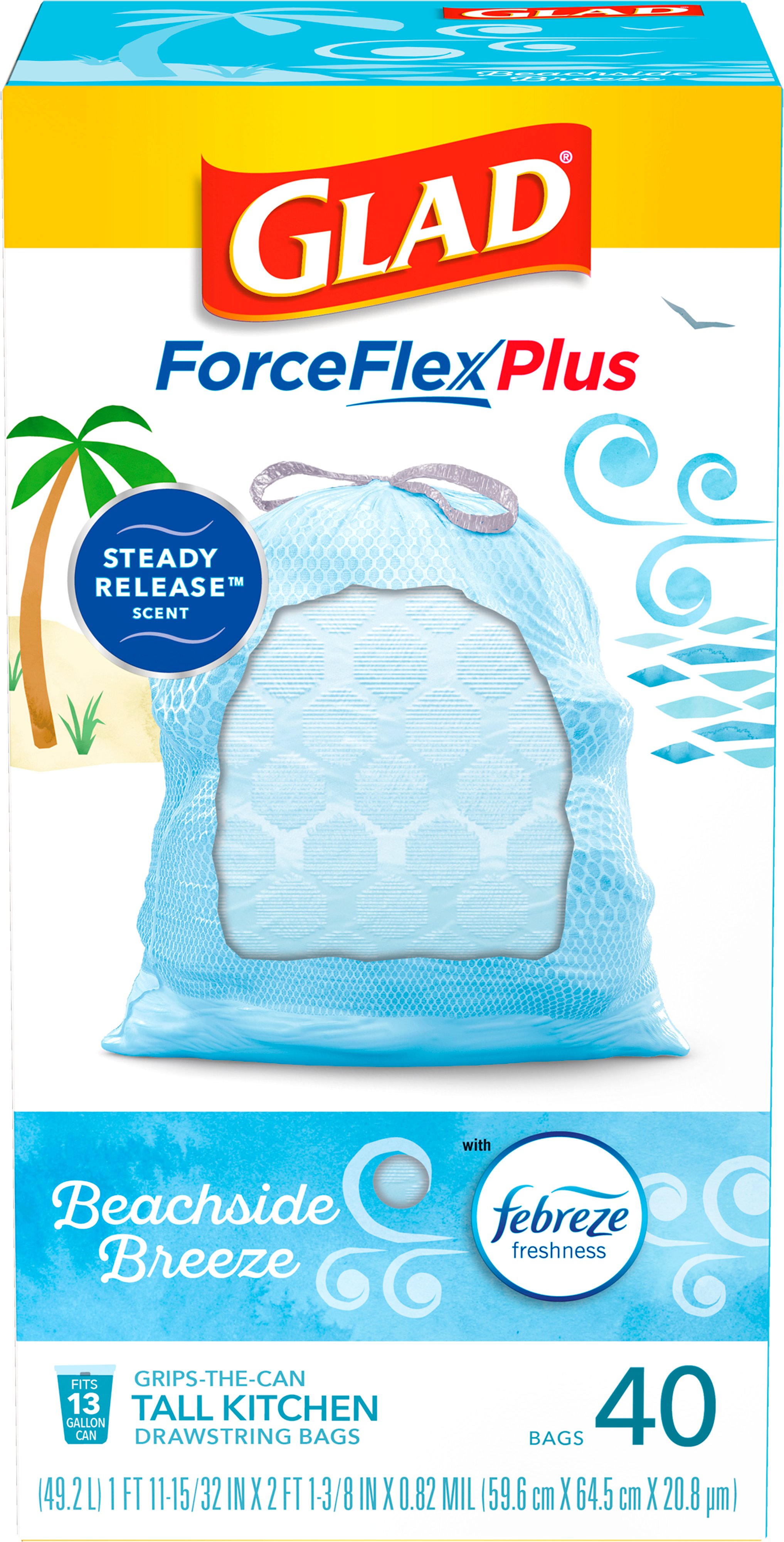 Glad ForceFlex Plus Beachside Breeze Drawstring Tall Kitchen 13 Gallon