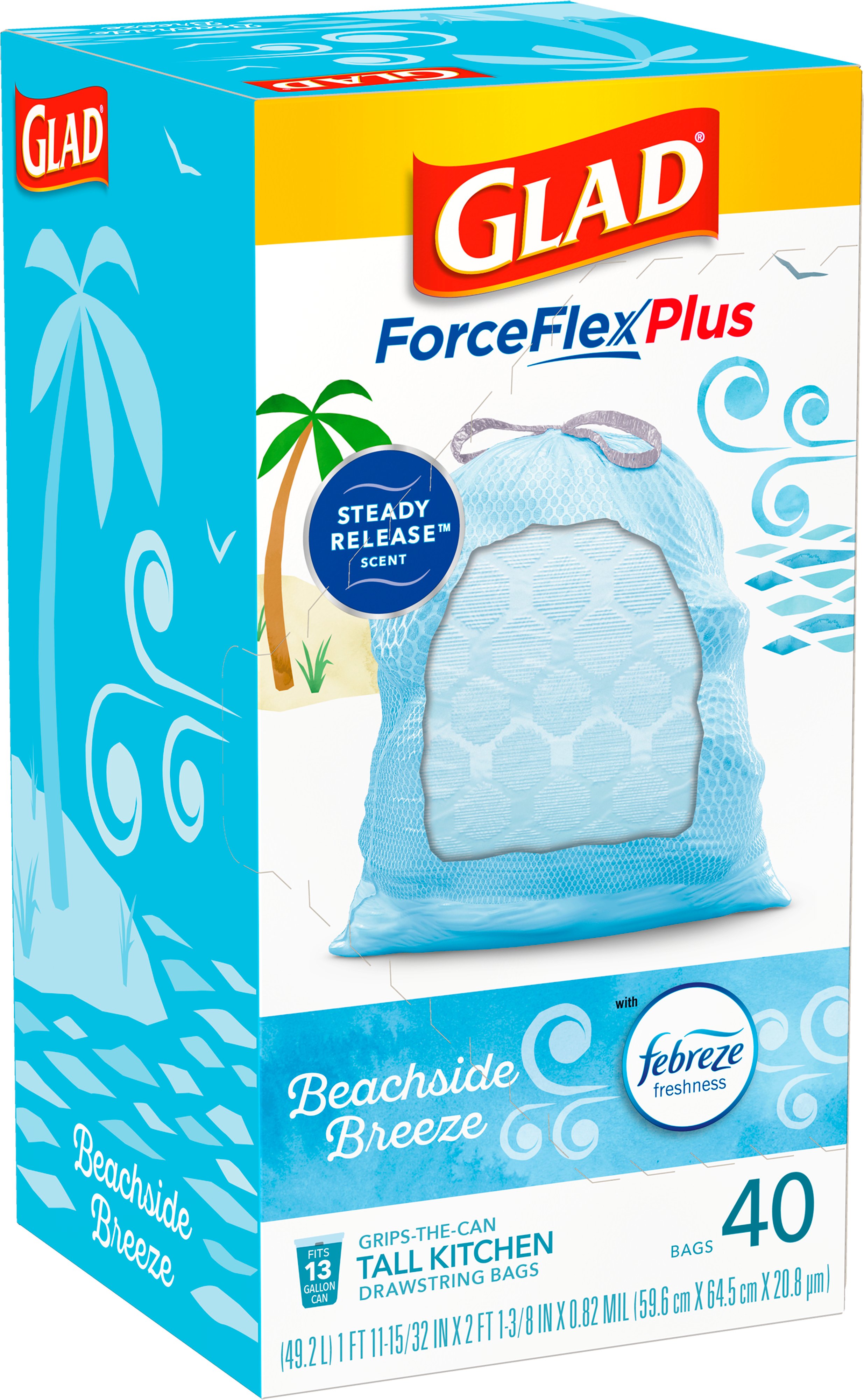 Glad ForceFlexPlus Tall Kitchen Trash Bags, 13 Gallon, 40 Bags (Beachside Breeze Scent, Febreze Freshness)