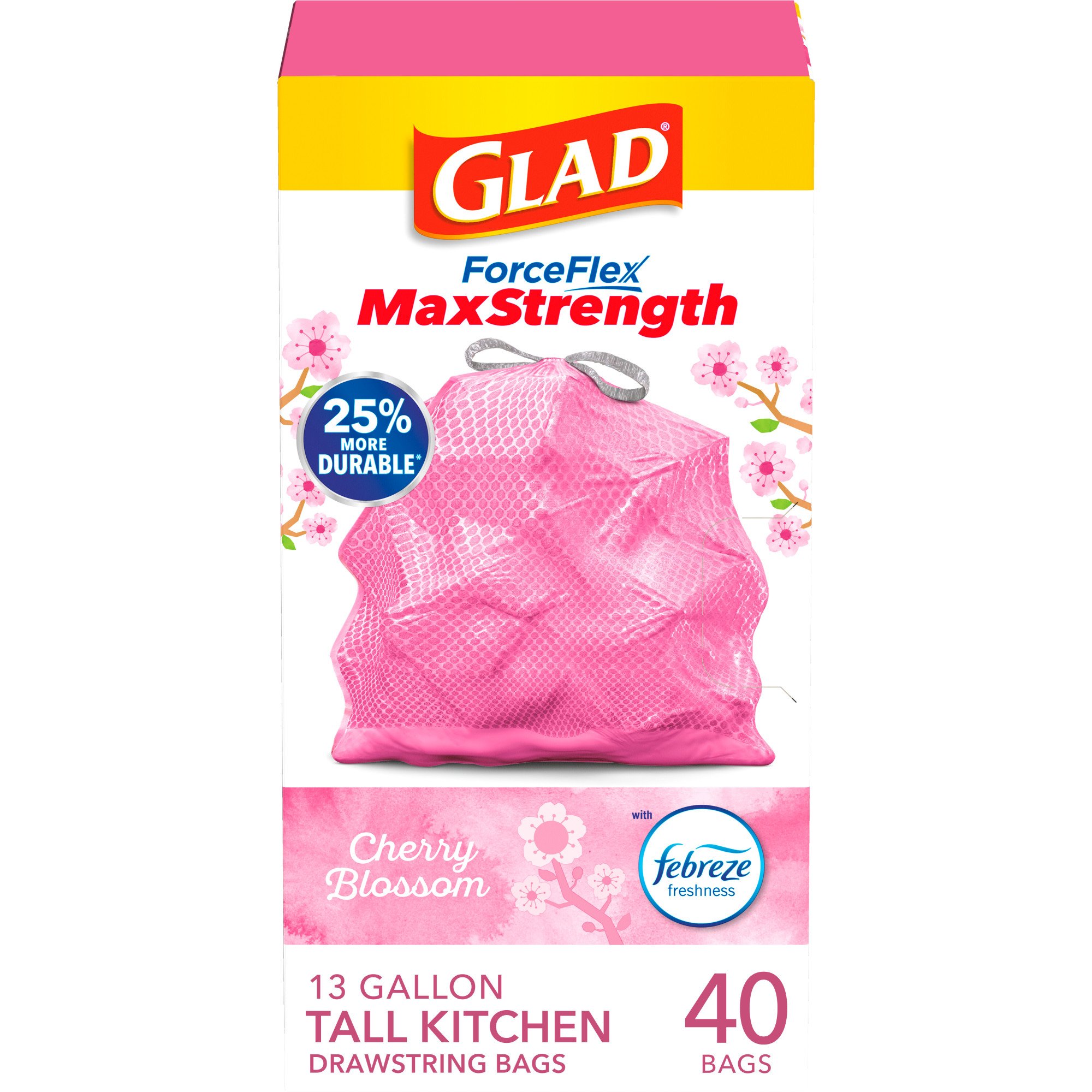 Glad ForceFlex Plus Cherry Blossom Drawstring Tall Kitchen 13 Gallon Trash  Bags - Shop Trash Bags at H-E-B