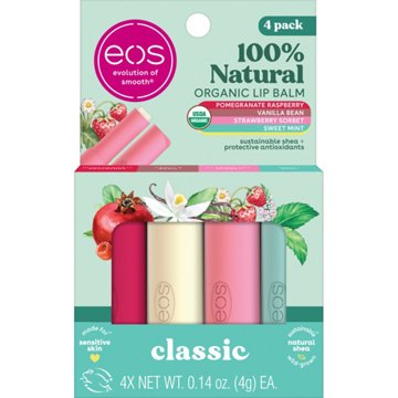 eos 100% Natural & Organic Lip Balm Variety Pack - Strawberry Sorbet, Pomegranate Raspberry, Sweet Mint, Vanilla Bean, 4 pk