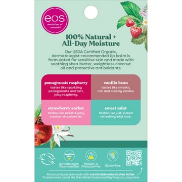 eos 100% Natural & Organic Lip Balm Variety Pack - Strawberry Sorbet, Pomegranate Raspberry, Sweet Mint, Vanilla Bean, 4 pk