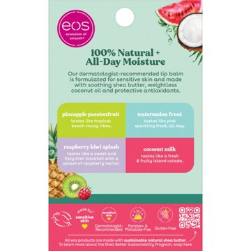 eos 100% Natural Lip Balm - Coconut Milk, Pineapple Passionfruit, Watermelon Frosé & Raspberry Kiwi Splash, 4 pk