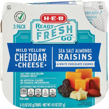 H-E-B Ready, Fresh, Go! Snack Trays - Mild Cheddar, Almonds, Raisins & White Chocolate, 3 pk