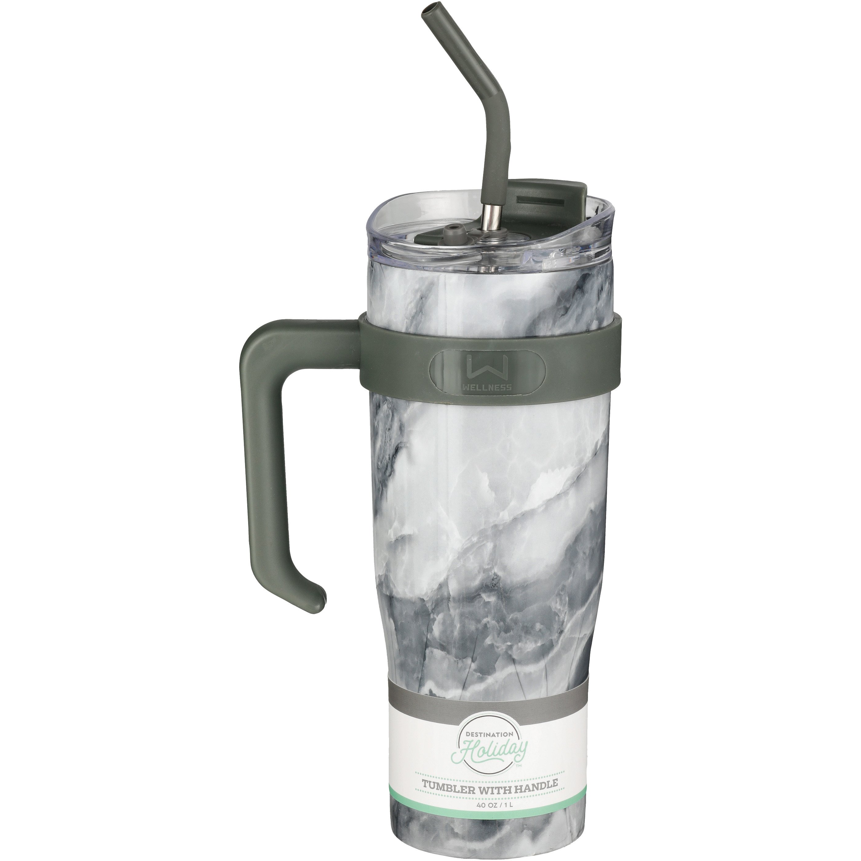 Destination Holiday Tumbler with Handle & Straw - Black Marble