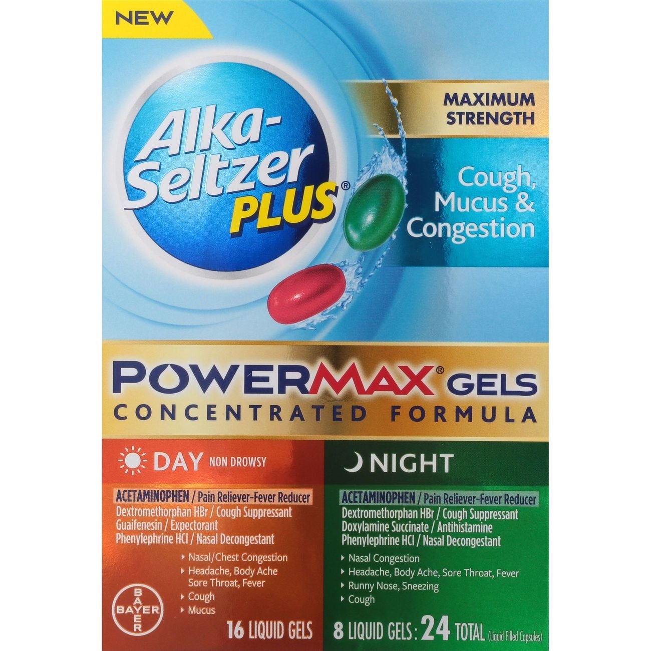 Alka-Seltzer Plus Max Strength Cough, Mucus & Congestion Relief Concentrated PowerMax Gels, 24 ct